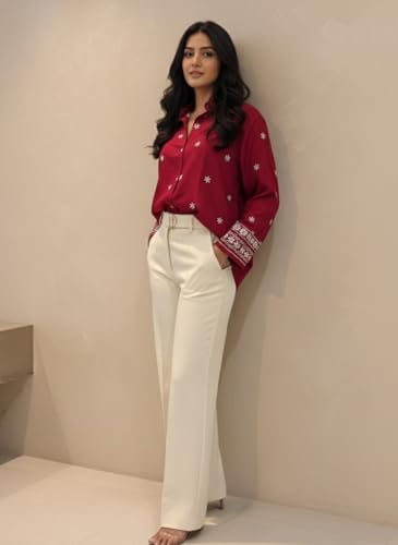 Image of Women Rayon Embroidered Shirt - Long Sleeve Button Down Top with Floral Embroidery, Casual Office Wear Blouse(Maroon)