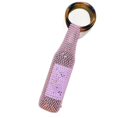 URTERYSER Stylish Resin Handle Wine Pouch Mesh And Embedded Rhinestones Bottle Holder Versatile Insulation Cup Bag For Daily Use Elegant Marble Handle Bag (Light Pink)