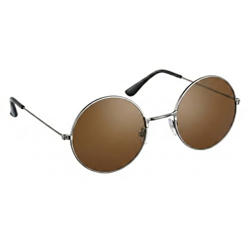Komonee Lennon Style Round Sunglasses – Brown Flat Lens Glasses Retro Vintage Hippy Tea Shades for Men & Women, Steampunk Fashion Eyeglasses, UV400 Protection Eye Wear