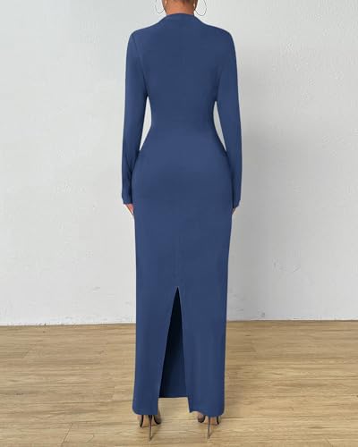 Image of BTFBM Women Bodycon Maxi Dress Long Sleeve Back Slit Ruched Elegant Party Cocktail Formal Fall Wedding Guest Dresses