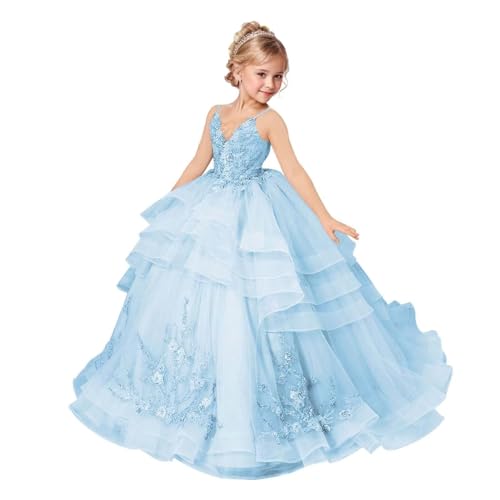 Flower Girl Dress Floral Appliques First Communion Dresses V Neck Princess Pageant Dresses Party Ball Gown