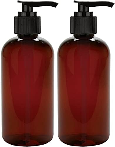 BRIGHTFROM Plastic Bottles with Pump Dispenser, 8 OZ Empty, BPA Free Refillable Containers for Body Wash, Moisturizer, Face Cream, Liquid Soap - Amber/Black - 2 Pack