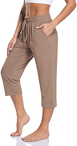 TARSE Womens Capri Yoga Pants Plus Size Loose Drawstring Capris Workout Sweatpants Soft Lounge PJ Crop Pants (Brown Tan,XL)