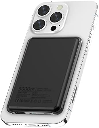 Magnetic Wireless Power Bank 5000mAh, KOOSEED Light & Small Wireless Portable Charger with USB-C Outputs, Magnetic Wireless Battery Pack for iPhone 14/13 / 12 / Pro/Pro Max[970black]