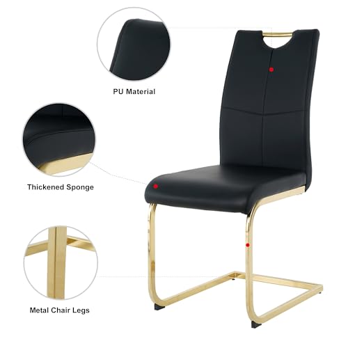 Henf 5 Piece Dining Table Set for 4, 51in Rectangle Dining Table and 4 Pcs Black PU Dining Chairs Set, Glass Dining Room Table w/Metal Legs, Golden Kitchen Table and Chair Set for 4