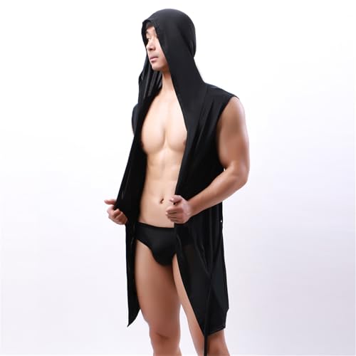 Men's Casual Robe Sleeveless Kimono Bathrobe Solid Color Sexy Long Coat Lightweight Comfy Open Front Pajama with Hood3