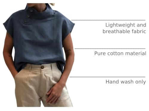 Celmia Womens High Neck Button Collar Cotton Short Sleeve Blouse Navy 2XL — view 4