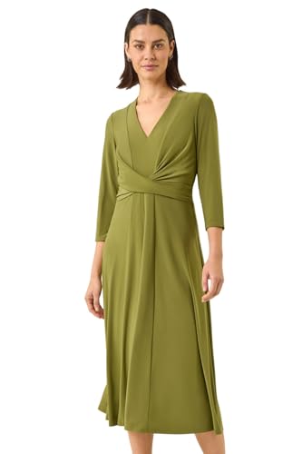 Roman Fit and Flare Dress for Women Ladies Chest Twist Knot Ruched Tea Skater Empire Waist Wedding Guest Smart Casual Swing Midi 3/4 Long Sleeve Knee Length - Plain Khaki - Size 16