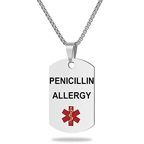 UNICGIFT Medical Alert ID Necklace Laser Engraved PENICILLIN ALLERGY Stainless Steel Tag Pendant with 23.6 inch Chain for Men Women Emergency First Aid
