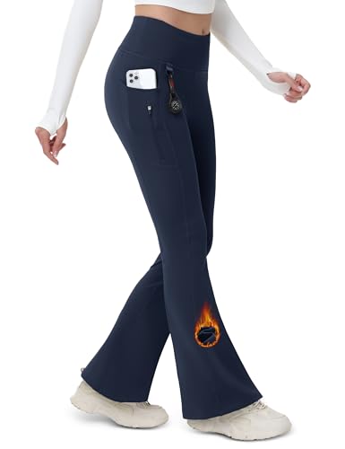 MAGCOMSEN Womens Fleece Lined Pants Waterproof Insulated Soft Flare Leggings with Pockets Winter Outdoor Navy Blue M