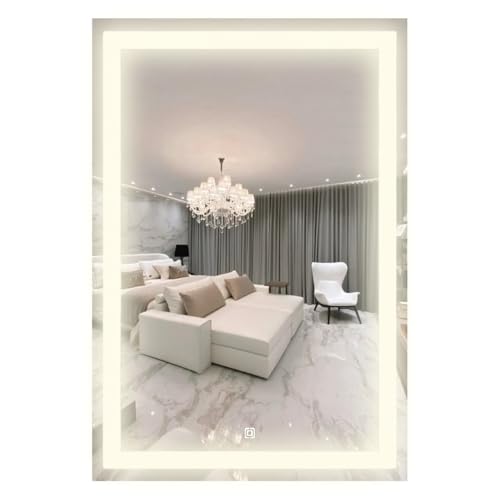 Espelho Retangular Com 3 Tons de LED - Grande de parede moderno jateado lapidado decorativo com iluminação e Botão Sensor touch screen (3 cores de Luz - LED QUENTE, NEUTRO E FRIO) (60x80cm)