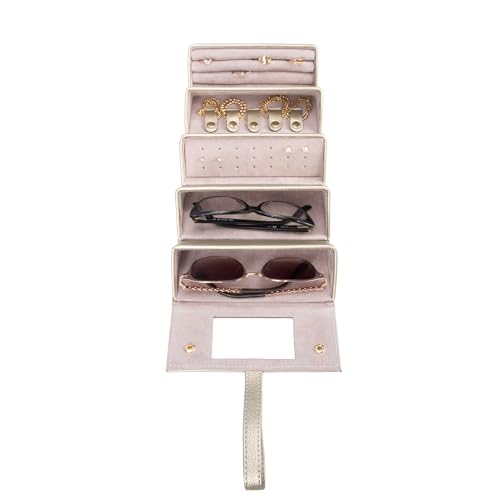 Image of Brouk & Co Leah 5 Eyewear & Jewelry Case - Pebbled Vegan Leather, Foldable Case, Snap Closure, Hanging Loop, Interior Mirror, 5 Compartments: Sunglasses and Jewelry (Gold)