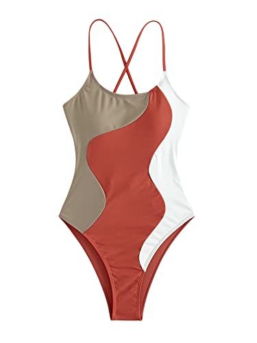 Floerns Traje de baño de una pieza de corte alto con cordones y espalda descubierta, para mujer, Naranja, Medium Cover