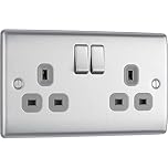 BG Electrical Double Switched Power Plug Wall Socket, Nexus Metal, Brushed Steel, Grey Inserts, 13A, NBS22G