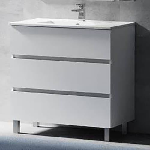 Aquore | Mueble Baño Sevilla A Suelo 3 Cajones con Lavabo | Color Lacado Blanco Brillo | Ancho 100 cm x Fondo 44 cm x Altura 81 cm Desde Suelo