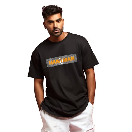 Image of prabhu bhakti Men's Oversized Shree Hanuman Ji Printed Black T-Shirt | Back Print Drop Shoulder Pure Cotton Oversized Tshirt for Men