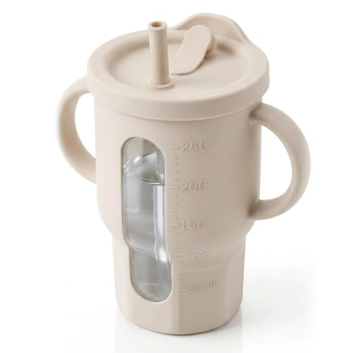 XPECIAL 100% Silicone Baby Training Cup See-through Toddler 12OZ Large Capacity Straw Drinking Cups for Kids (Beige)