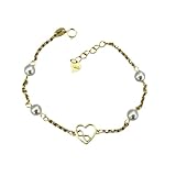 Minoplata Pulsera Infantil Plata de Ley 925 Chapada en Oro con Corazón Infinito y Perlas Cultivadas, Primera Comunión, 16cm + 2cm Ajustable