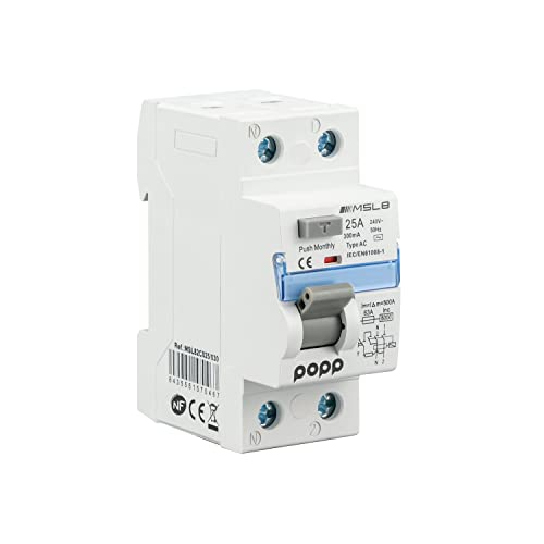 POPP® Electric Interruptor diferencial industrial TIPO AC corriente residual alterna 2 Polo 25A 300mA SERIE MSL8 (1P+N, 25A 300mA)