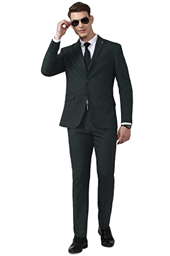 Image of Peter England Polyester Blend Men Green Two Piece Suit Business Pants Set