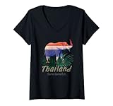Photo Gallery donna tailandia elefante bandiera giungla retro design tailandese maglietta con collo a v Photo Gallery donna tailandia elefante bandiera giungla retro design tailandese maglietta con collo a v