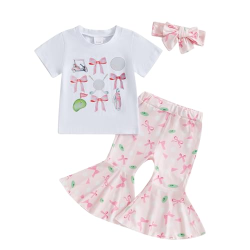 Toddler Baby Girl Golf Outfit Short Sleeve CrewNeck Bow T-Shirt Golf Print Flare Pants Headband 3Pcs Summer Clothes