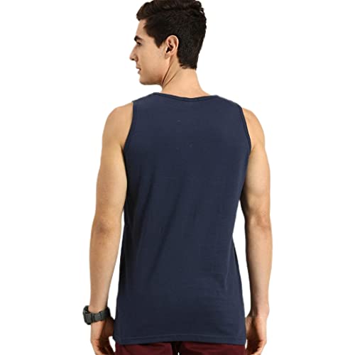 Image of Bewakoof Men's Typography Blue Round Neck Sleeveless Vest