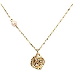 Gargantilla Medallas MINM Store Collar Moneda Antigua Romana | Cadena Pequeña para Mujer Plata de Ley 925 bañada en Oro 14kt | Perla | Colgante Gargantilla Medalla