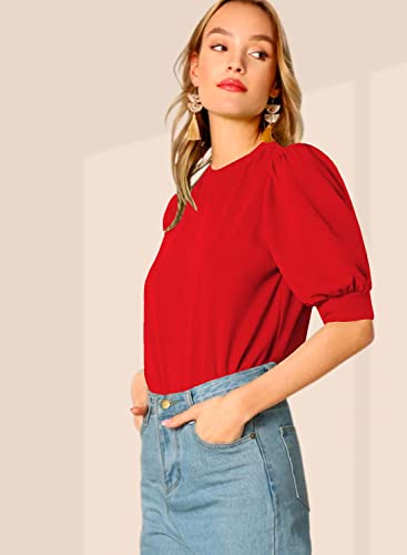 Image of Dream Beauty Fashion Women's Puff Sleeve Round High Neck Top Balloon Bishop Sleeve Elegant Casual Tee (23 inch Inches)- (Top Sofia P)