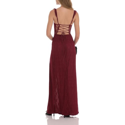 Image of Women Sexy Lace High Split Long Dress Sweetheart Neck Ruffled Sleeve Backless Maxi Dress Party Cocktail Cami Dress