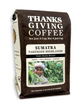 Thanksgiving Coffee "Sumatra Takengon Highland Very Dark Roast" Dark Roasted Fair Trade Organic Whole Bean Coffee - 12 Ounce Bag