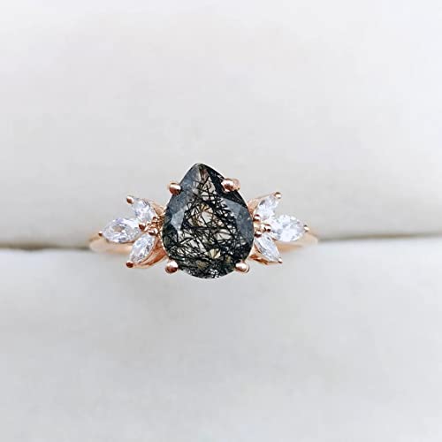 Rings For Women Natural Black Rutilated Quartz Ring-Salt And Pepper Diamond Ring-Pear Shaped Black Quartz Ring Beautiful Gift Wedding Ring BY FOREVER GEMS & JEWELS, Rose Gold,White,Silver3