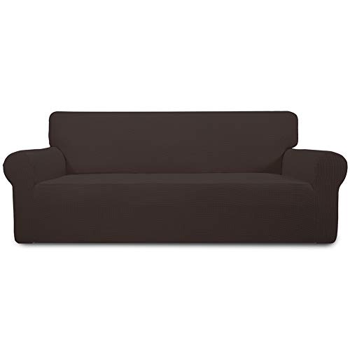 Image of Easy-Going Stretch 4 Seater Sofa Slipcover 1-Piece Sofa Cover Furniture Protector Couch Soft with Elastic Bottom for Kids, Polyester Spandex Jacquard Fabric Small Checks Chocolate