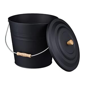 Relaxdays Asbak met deksel, 12 l, schoorsteenemmer, staal en hout, aslade met handvat, open haard, oven en grill, zwart