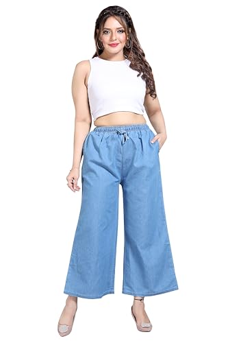 Image of BENKILS Women's Denim Cotton Blend Mid RIS Regular Fit Palazzo Pants - Available Size - S to 7XL