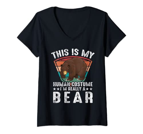 Mujer Regalos de Halloween This is my human Costume I'm really a Bear Camiseta Cuello V