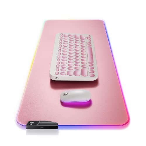 Oterri RGB-Mauspad, Lederoberfläche, LED-Gaming-Mauspad, weiches großes Mauspad mit 4 Beleuchtungsmodi, rutschfeste Gummiunterseite, Tastatur-Mauspad (202,4 x 76,2 cm), rosa Cover