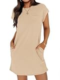 Wenrine Women's Summer T Shirt Dress Casual Short Sleeve Crewneck Loose Fit Mini Dresses with Pockets Khaki