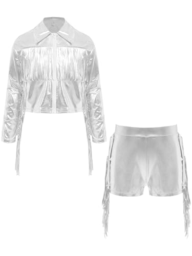 Linjinx Kids Girls Shiny Metallic Tassel Long Sleeve Jacket Coat Sweatshirt Outerwear and Dance Shorts 2 Piece Set3