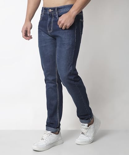 Image of Men Dark viskared Tinted Washed Blue Mid Rise Slim Tapered Stretchable Jeans (152103)