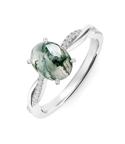 Natural Moss Agate Ring for Women 925 Sterling Silver Oval Engagement Wedding Ring for Her Engraved Customized Jewelry Size 5 to 12