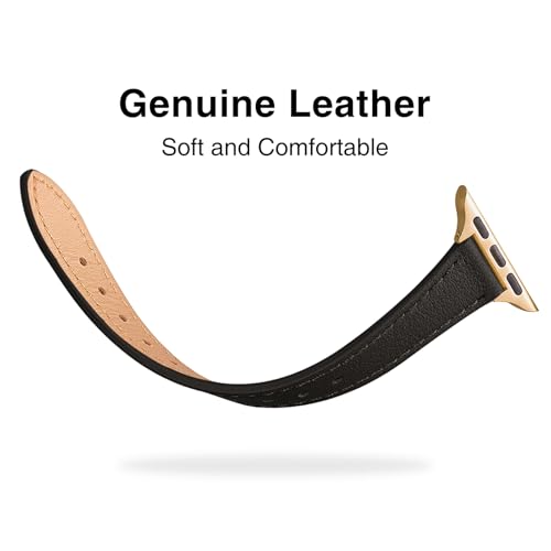 Image of STIROLL Slim Leather Bands Compatible with Apple Watch Band 38mm 40mm 41mm 42mm(Series 11 10), Top Grain Leather Watch Thin Wristband for iWatch SE 9 8 7 6 5 4 3 2 1 (Black Gold)