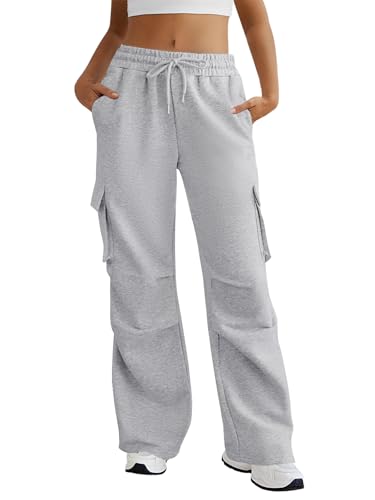 DLOODA Wide Leg Cargo Sweatpants Women Drawstring High Waisted Baggy Sweat Pants Stretchy Cotton Pants with Pockets (Light Grey M)
