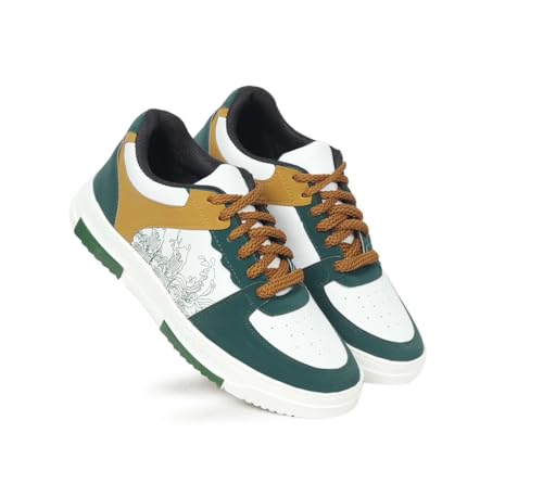 Image of Men's Sneakers, White and Green, Lace-Up, Dragon Print, Low-Top Casual Shoes