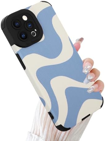 Case for iPhone 14 Pro Max Wave Pattern Soft TPU Bumper PU Leather Cute Zebra Designed for Female Girls - Blue White