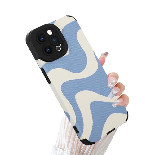 Case for iPhone 14 Pro Max Wave Pattern Soft TPU Bumper PU Leather Cute Zebra Designed for Female Girls - Blue White