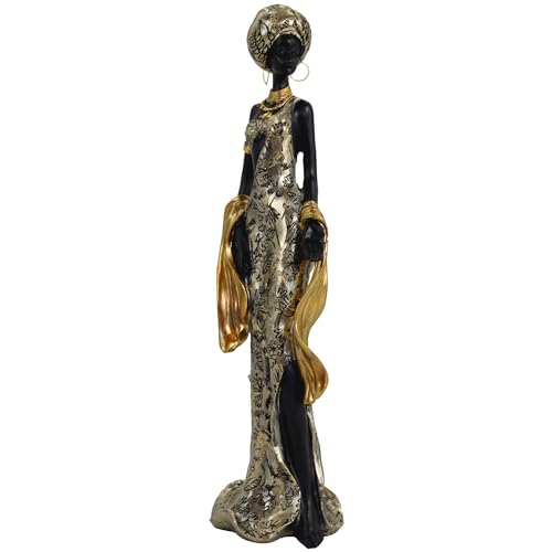 Lescafita African Woman Resin Figurine – Golden Gown Tribal Sculpture with Headwrap & Jewelry, Elegant Handmade Figurine for Shelf, Mantel, Living Room or Office Decor