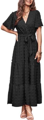 MASCOMODA Dresses for Women 2023 Short Flutter Sleeve Tiered Maxi Dress Swiss Dot Solid V Neck Wedding Guest Dress with Belt(Black, X-Large)