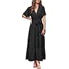 MASCOMODA Dresses for Women 2025 Short Flutter Sleeve Tiered Maxi Swiss Dot Solid V Neck Wedding Guest Dress with Belt(Black,Medium)