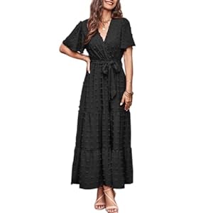 MASCOMODA Womenâs Maxi Dresses, Boho, Swiss Polka Dot, Wrap V Neck, Flutter, Short Sleeve, Tie, Solid Color, Belt, A Line, Long Fluid Dresses